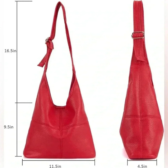 RED ULTRA SOFT VEGAN LEATHER SLOUCHY HOBO BAG & MATCHING COSMETIC BAG NWT - Picture 2 of 5